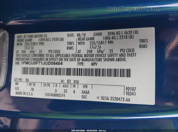 1FMCU0F71JUD08404 2018 FORD ESCAPE Blue Շարժիչի բաժամունքի տեսք