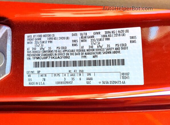 1FMCU0F71KUA31092 2019 FORD ESCAPE Orange Vista de la etiqueta del VIN