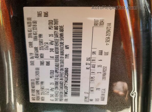 1FMCU0F71KUC20860 2019 FORD ESCAPE Gray Вид наклейки з VIN-кодом
