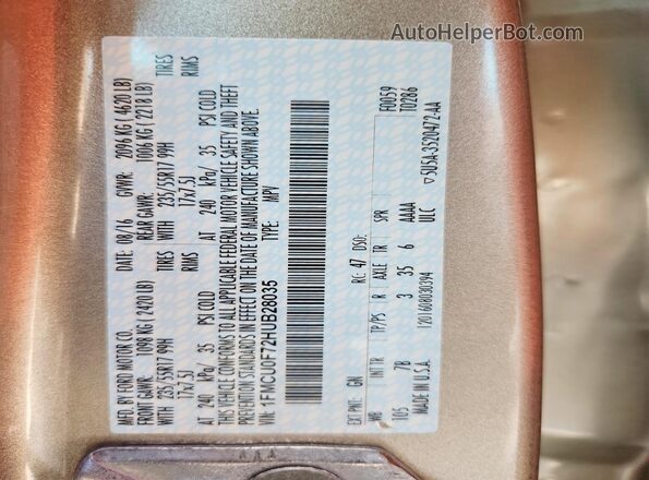 1FMCU0F72HUB28035 2017 FORD ESCAPE Beige VIN კოდის სტიკერის ხედი