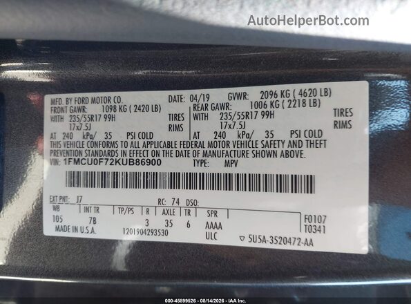 1FMCU0F72KUB86900 2019 FORD ESCAPE Gray Widok komory silnika