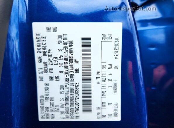 1FMCU0F72KUC56928 2019 FORD ESCAPE Blue 