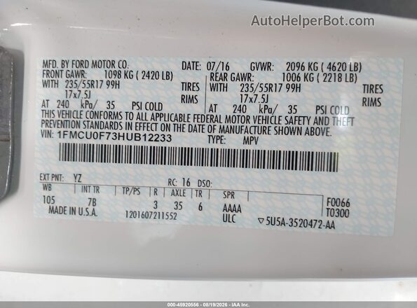 1FMCU0F73HUB12233 2017 FORD ESCAPE White ძრავის განყოფილების ხედი