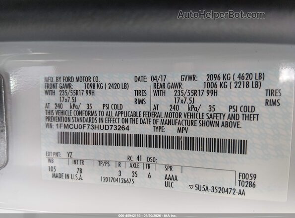 1FMCU0F73HUD73264 2017 FORD ESCAPE White Շարժիչի բաժամունքի տեսք