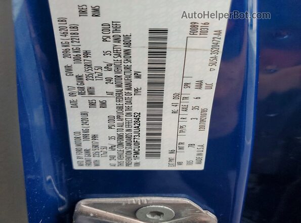 1FMCU0F73JUA28452 2018 FORD ESCAPE Blue Vista de la etiqueta del VIN