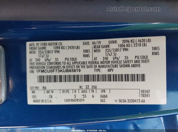 1FMCU0F73KUB85819 2019 FORD ESCAPE Blue Շարժիչի բաժամունքի տեսք