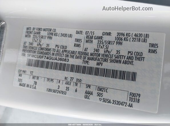 1FMCU0F74GUA36083 2016 FORD ESCAPE White Widok komory silnika