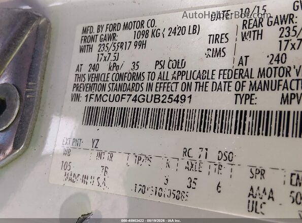 1FMCU0F74GUB25491 2016 FORD ESCAPE White Vista del compartimento del motor