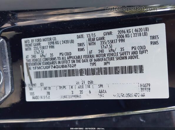 1FMCU0F74GUB87828 2016 FORD ESCAPE Black Widok komory silnika