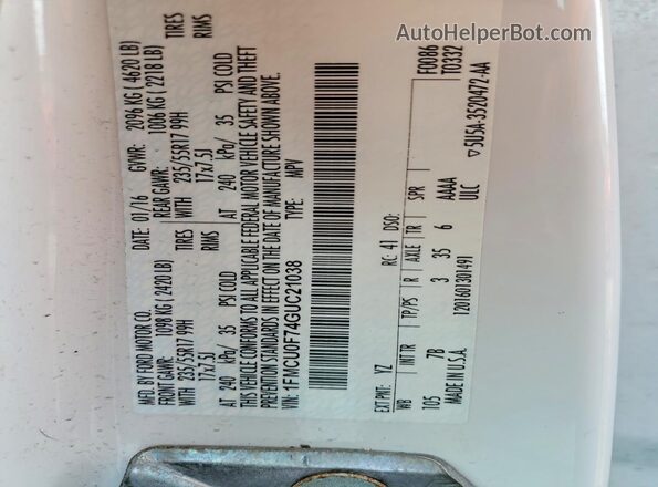 1FMCU0F74GUC21038 2016 FORD ESCAPE White VIN კოდის სტიკერის ხედი