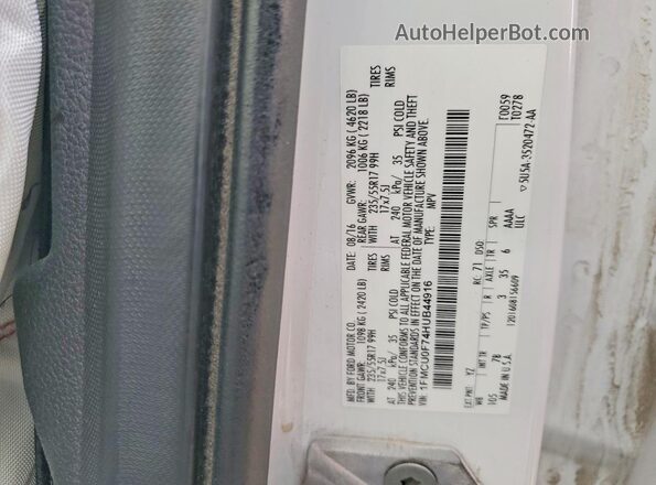 1FMCU0F74HUB44916 2017 FORD ESCAPE White Widok naklejki z numerem VIN