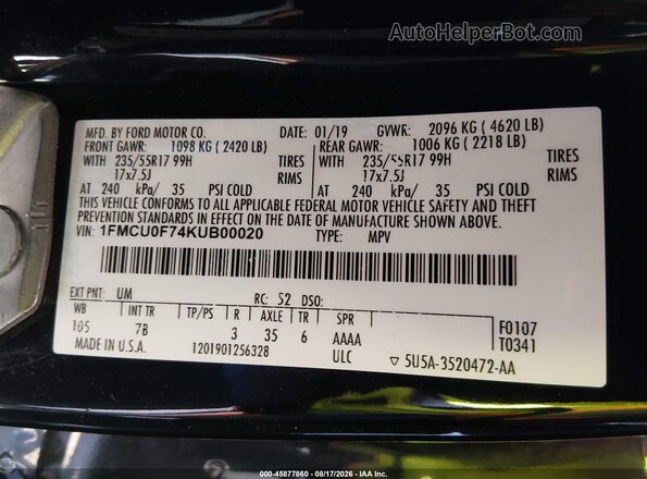 1FMCU0F74KUB00020 2019 FORD ESCAPE Black Engine compartment view