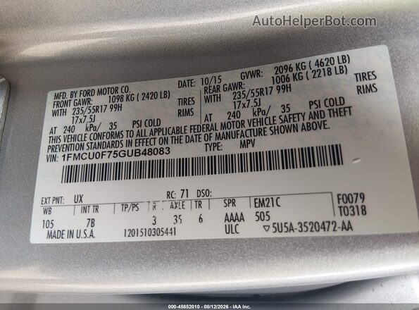 1FMCU0F75GUB48083 2016 FORD ESCAPE Silver Vista del compartimento del motor