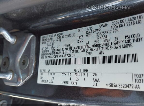 1FMCU0F75GUB72755 2016 FORD ESCAPE Gray ძრავის განყოფილების ხედი
