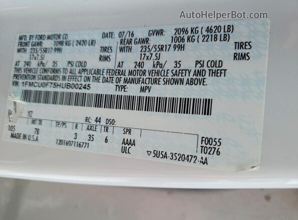 1FMCU0F75HUB00245 2017 FORD ESCAPE White VIN sticker view