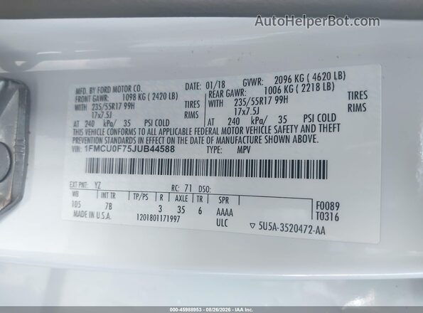 1FMCU0F75JUB44588 2018 FORD ESCAPE White ძრავის განყოფილების ხედი