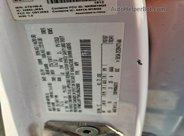 1FMCU0F75KUB62588 2019 FORD ESCAPE White VIN კოდის სტიკერის ხედი