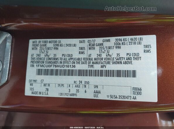 1FMCU0F76HUD16136 2017 FORD ESCAPE Orange Engine compartment view