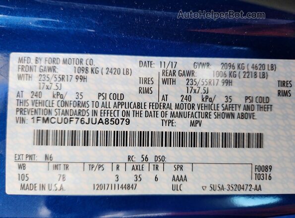 1FMCU0F76JUA85079 2018 FORD ESCAPE Blue Widok wnętrza 360 stopni