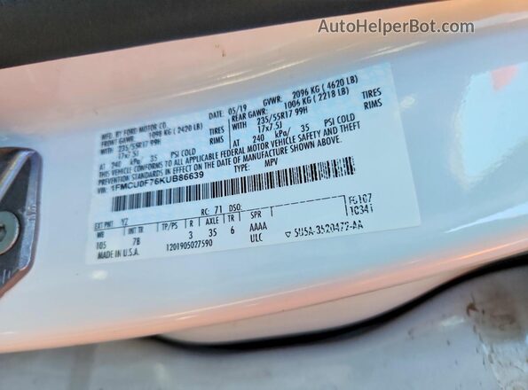 1FMCU0F76KUB86639 2019 FORD ESCAPE White Вид наклейки з VIN-кодом