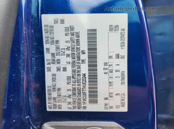 1FMCU0F77HUE23244 2017 FORD ESCAPE Blue VIN კოდის სტიკერის ხედი