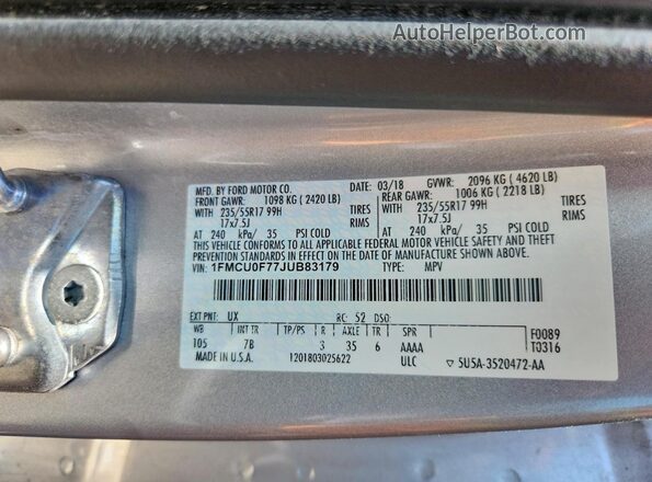 1FMCU0F77JUB83179 2018 FORD ESCAPE Серебряный Вид наклейки с VIN-кодом