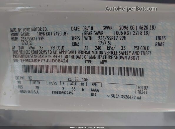 1FMCU0F77JUD08424 2018 FORD ESCAPE White Widok komory silnika