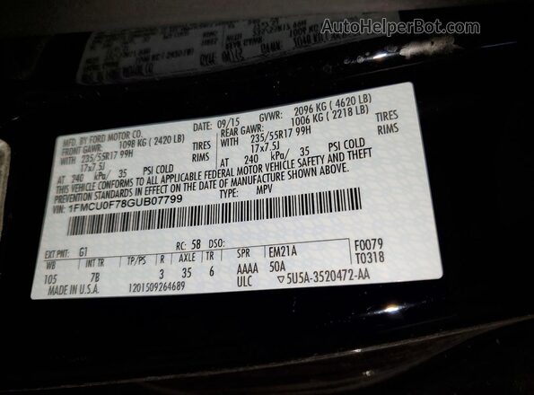 1FMCU0F78GUB07799 2016 FORD ESCAPE Black Widok wnętrza 360 stopni