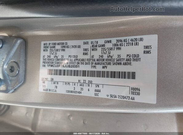 1FMCU0F78JUB20351 2018 FORD ESCAPE Золотой Вид подкапотного пространства