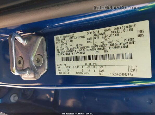 1FMCU0F78JUC33457 2018 FORD ESCAPE Blue Engine compartment view