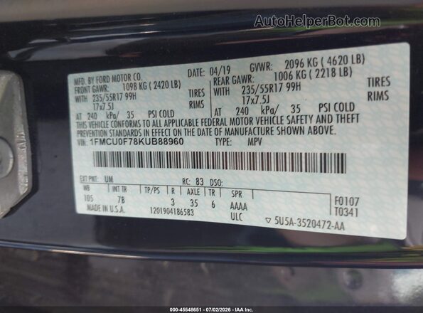 1FMCU0F78KUB88960 2019 FORD ESCAPE Dark Blue Вид підкапотного простору