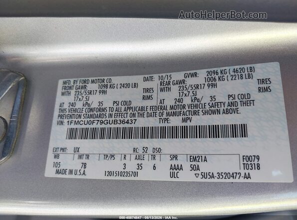 1FMCU0F79GUB36437 2016 FORD ESCAPE Silver Widok komory silnika