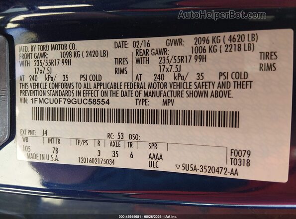 1FMCU0F79GUC58554 2016 FORD ESCAPE Blue VIN sticker view