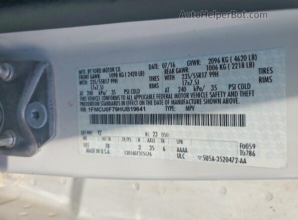 1FMCU0F79HUB19641 2017 FORD ESCAPE White VIN կոդի պիտակի տեսք