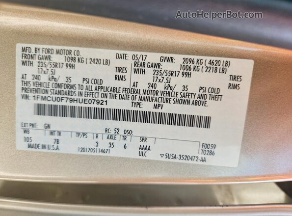 1FMCU0F79HUE07921 2017 FORD ESCAPE Gold Շարժիչի բաժամունքի տեսք