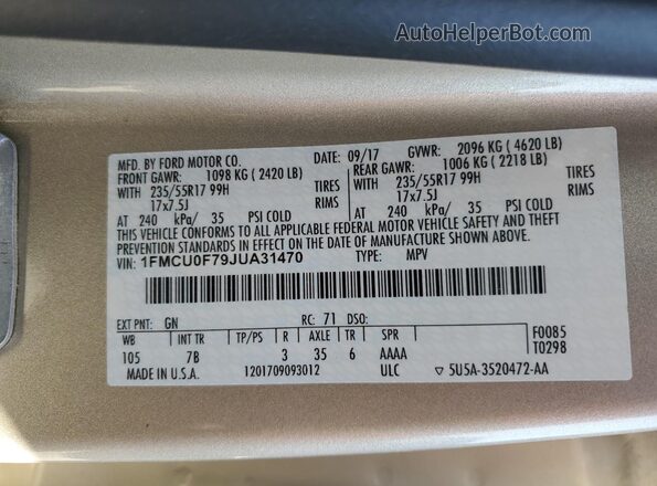1FMCU0F79JUA31470 2018 FORD ESCAPE Gold 