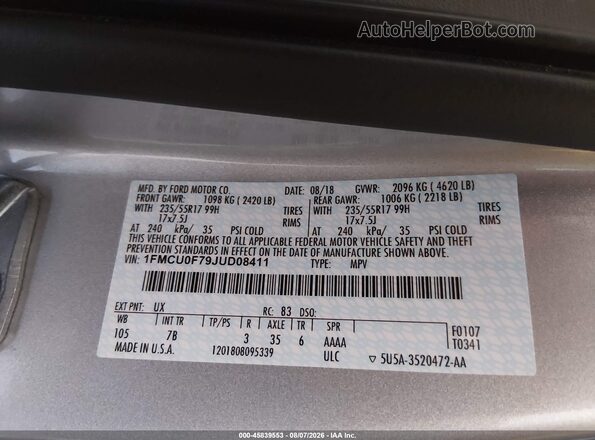 1FMCU0F79JUD08411 2018 FORD ESCAPE Silver Vista del compartimento del motor