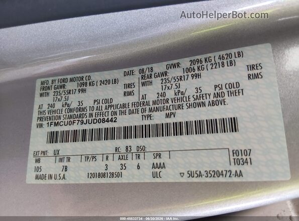 1FMCU0F79JUD08442 2018 FORD ESCAPE Silver Շարժիչի բաժամունքի տեսք