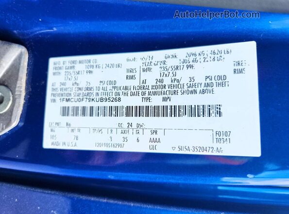 1FMCU0F79KUB95268 2019 FORD ESCAPE Синий 