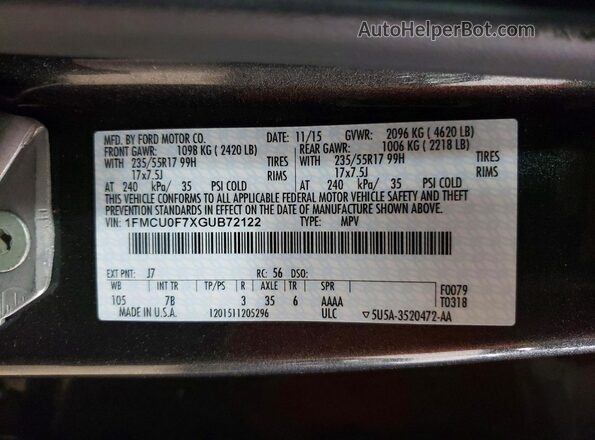 1FMCU0F7XGUB72122 2016 FORD ESCAPE Серый Вид наклейки с VIN-кодом