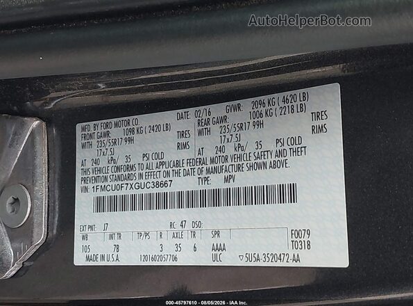1FMCU0F7XGUC38667 2016 FORD ESCAPE Gray Widok komory silnika
