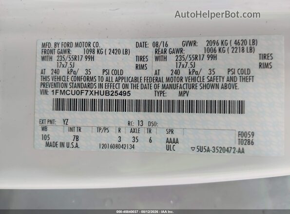 1FMCU0F7XHUB25495 2017 FORD ESCAPE White Engine compartment view