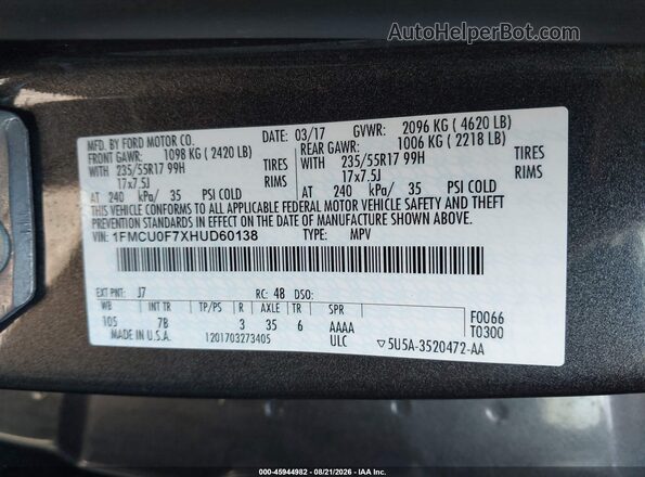 1FMCU0F7XHUD60138 2017 FORD ESCAPE Черный Вид подкапотного пространства