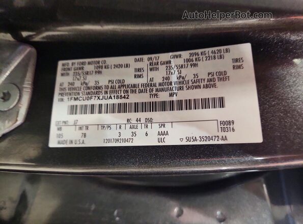 1FMCU0F7XJUA18842 2018 FORD ESCAPE Gray VIN sticker view