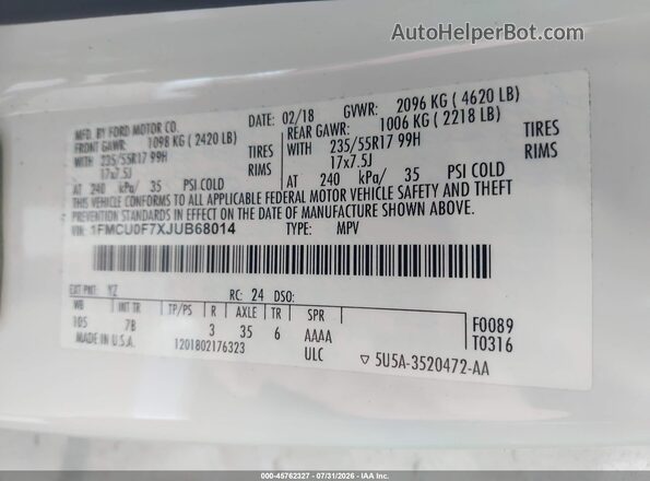 1FMCU0F7XJUB68014 2018 FORD ESCAPE White ძრავის განყოფილების ხედი