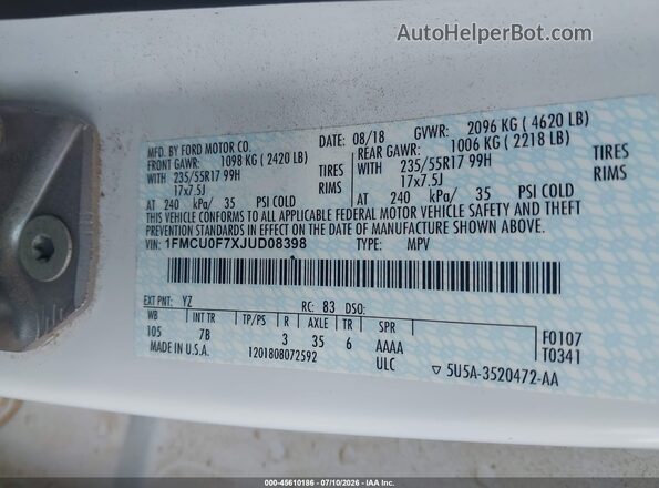 1FMCU0F7XJUD08398 2018 FORD ESCAPE Белый Вид подкапотного пространства