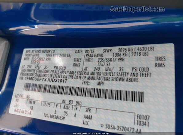 1FMCU0F7XJUD31017 2018 FORD ESCAPE Blue Engine compartment view