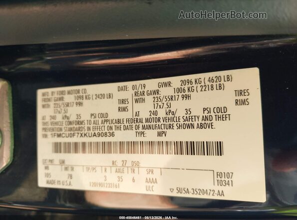 1FMCU0F7XKUA90836 2019 FORD ESCAPE Черный Вид подкапотного пространства