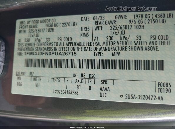 1FMCU0FN0PUA26715 2023 FORD ESCAPE Gray Engine compartment view