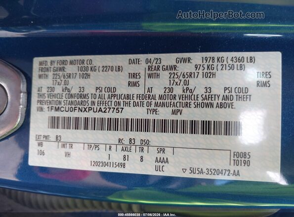 1FMCU0FNXPUA27757 2023 FORD ESCAPE Blue Engine compartment view